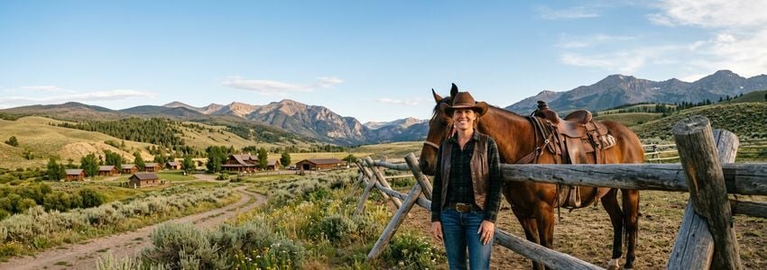 Ranch resort owner reviewing financing paperwork with horses and guest cabins in the background