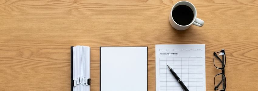 Business professional reviewing financial documents and contracts during acquisition due diligence