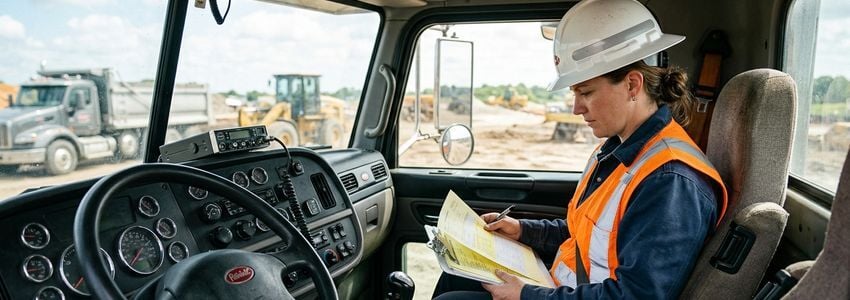 Dump truck operator reviewing financing documents in commercial truck cab
