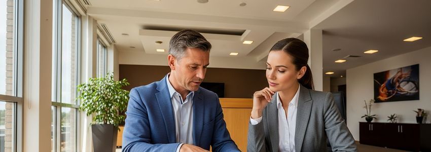 Business owner and financial advisor reviewing Dun and Bradstreet business credit report together in modern office