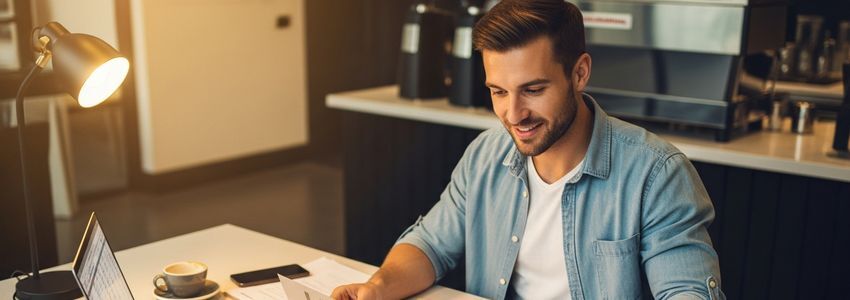 Coffee franchise business owner reviewing financing documents for a drive-through coffee shop startup