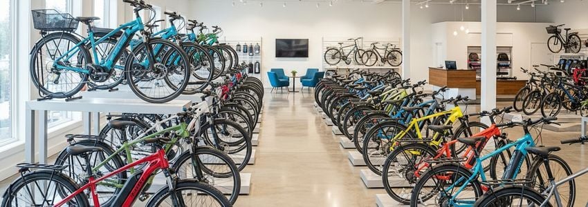Modern electric bike shop showroom with colorful e-bikes on display for business financing