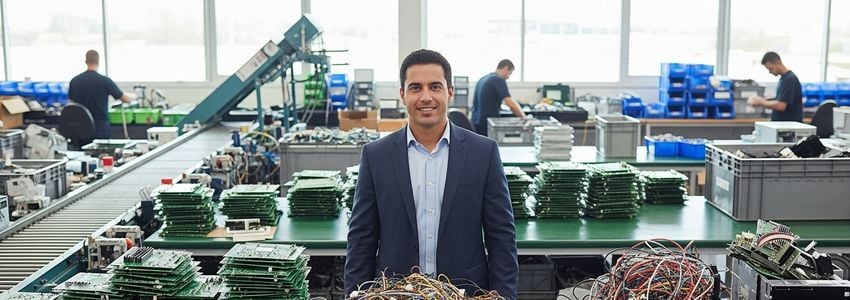 E-waste recycling business owner reviewing financing options with an advisor at a commercial facility