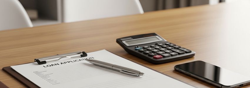 Small business owner reviewing loan application paperwork at an office desk