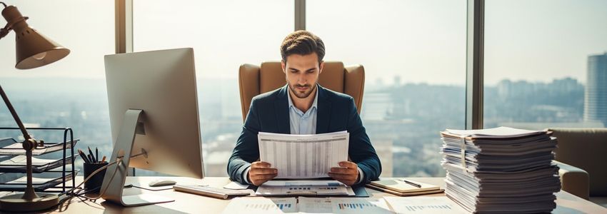 Business owner reviewing EBIT and EBITDA financial reports at a modern office desk