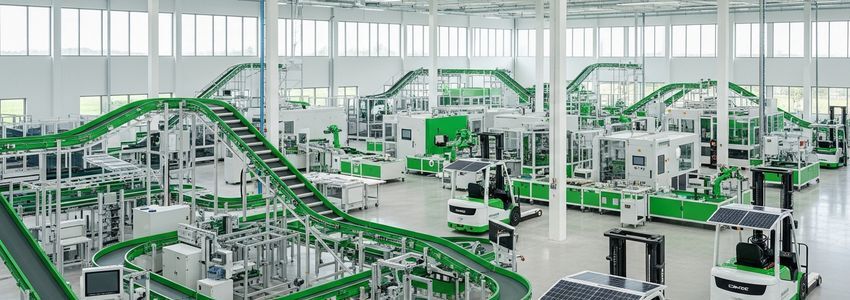 Energy-efficient industrial equipment and electric machinery in a modern warehouse facility