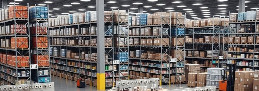 E-commerce fulfillment warehouse with organized inventory shelves