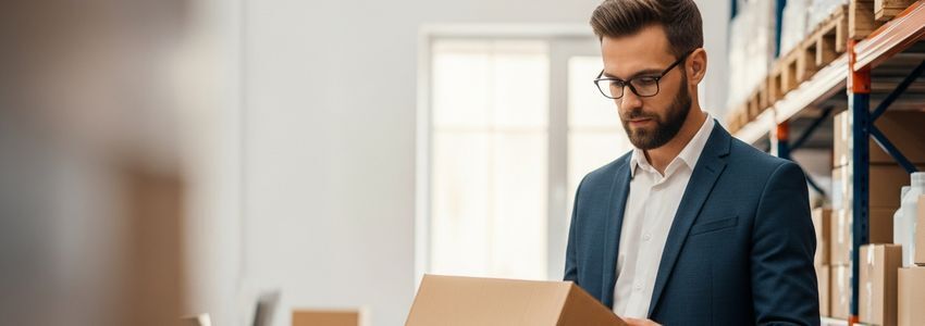 Ecommerce business owner reviewing inventory and financing options on a laptop at a modern fulfillment center warehouse