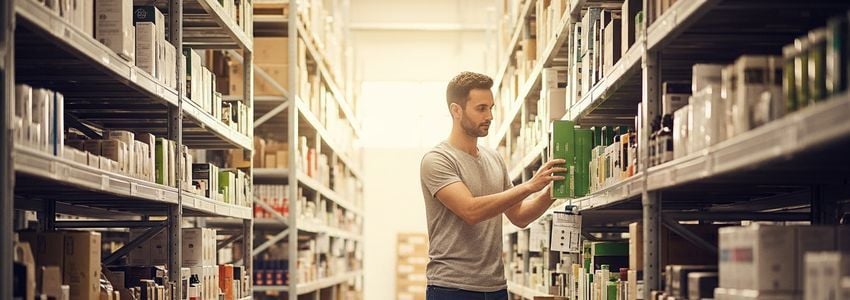 E-commerce warehouse worker organizing inventory for order fulfillment