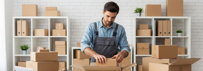 Business owner packing products for an online store surrounded by boxes and shipping materials in a bright organized workspace