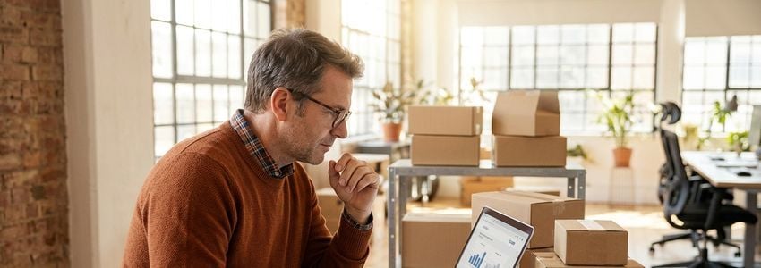 Small business owner reviewing e-commerce sales data on a laptop surrounded by shipping boxes
