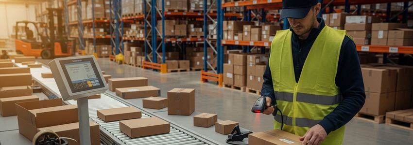 E-commerce warehouse worker scanning packages at a modern fulfillment center with conveyor systems and shelving racks in the background