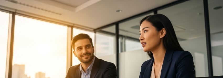 Business owner reviewing loan approval documents with financial charts showing economic growth trends