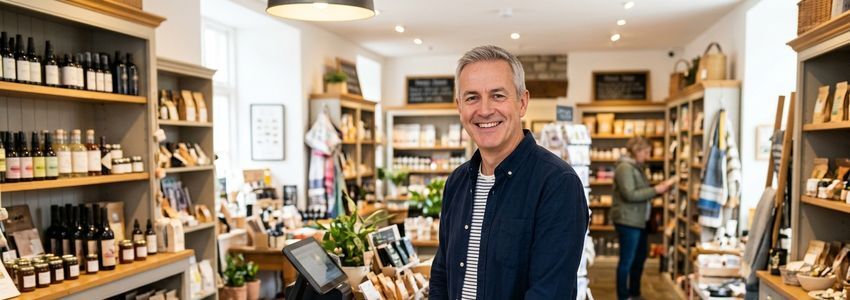 Small business owner smiling behind counter at Edmond Oklahoma shop
