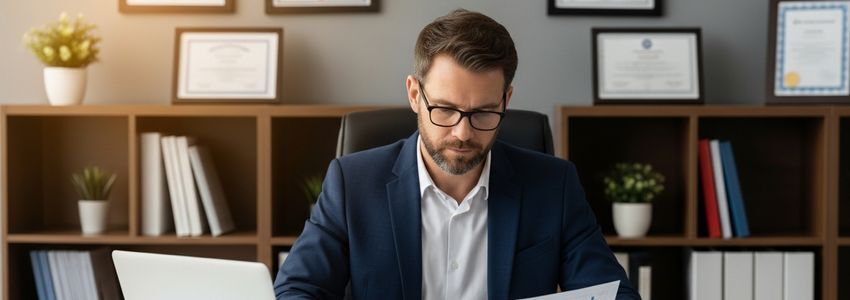 School administrator reviewing education business loan documents at desk
