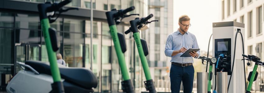 Fleet manager reviewing electric scooter inventory at commercial charging station