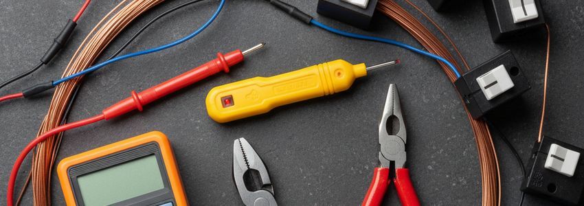 Professional electrician tools including multimeter, voltage tester, wire strippers, and circuit breakers - equipment financed through electrical contractor loans