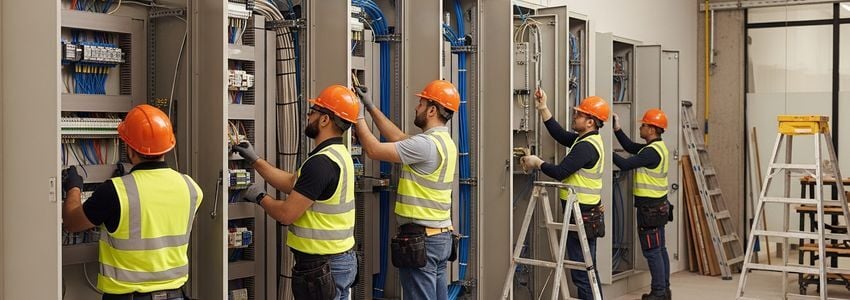 Electrical contractor team installing wiring and panels at a commercial construction site