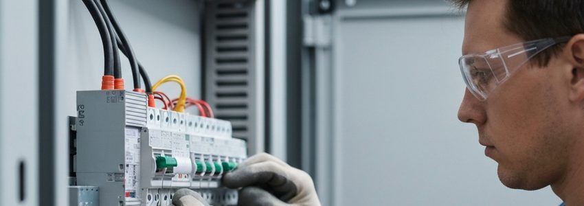 Electrician installing electrical panel for commercial building