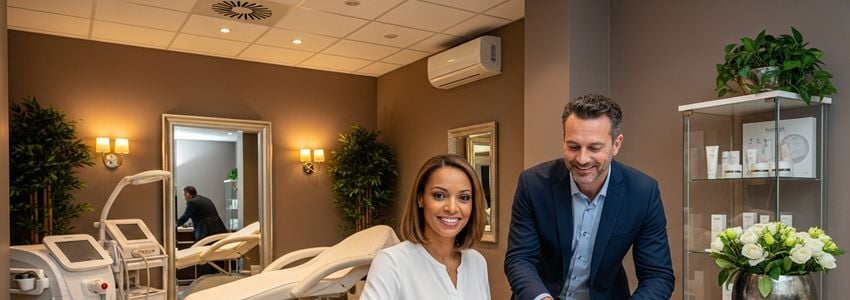 Beauty salon business owner reviewing electrolysis equipment financing options with a financial advisor in a professional aesthetic clinic setting