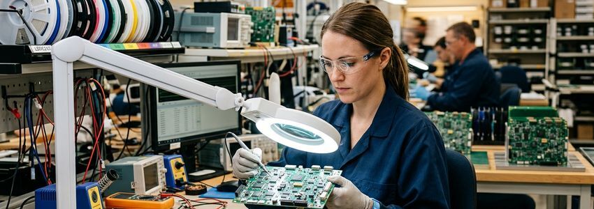 Electronics manufacturing technician inspecting circuit board at workbench in professional PCB assembly facility