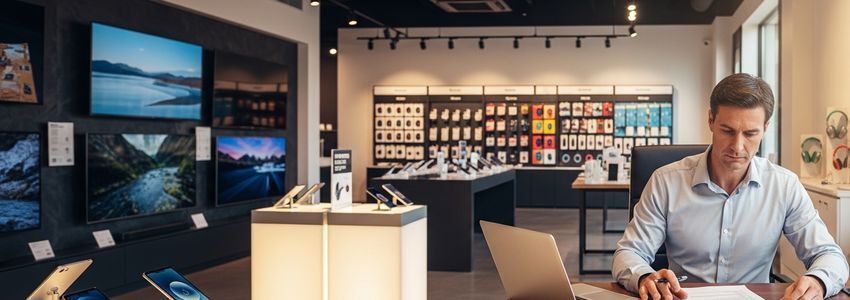 Electronics store owner reviewing financing options and business loan documents