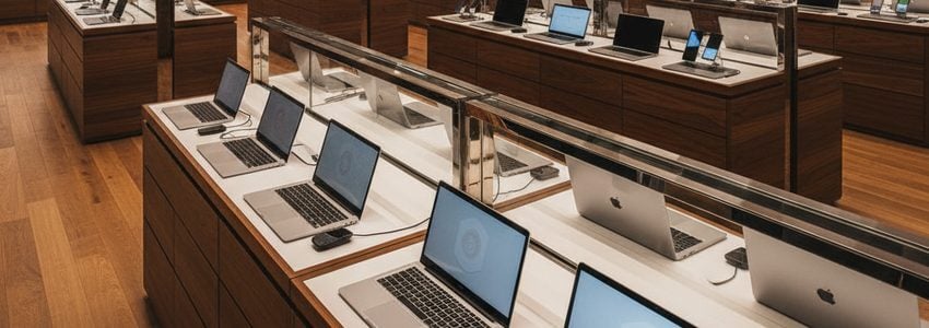 Electronics store owner reviewing financing options at a modern retail counter with product displays in the background