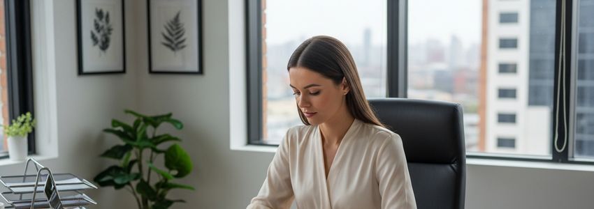 Business owner reviewing elevator installation contracts at office desk