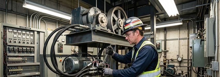 Professional elevator technician working on elevator machinery and control systems in a commercial building machine room