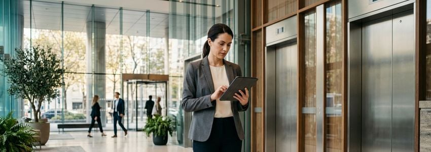 Commercial property manager reviewing an elevator maintenance contract and financing paperwork in a modern office