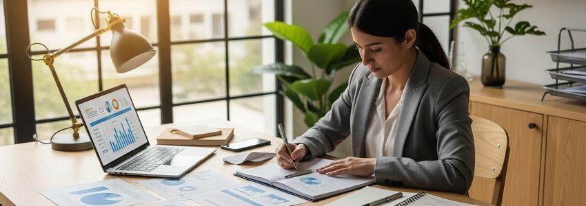 Business owner reviewing pitch presentation materials and financial charts at a modern office desk