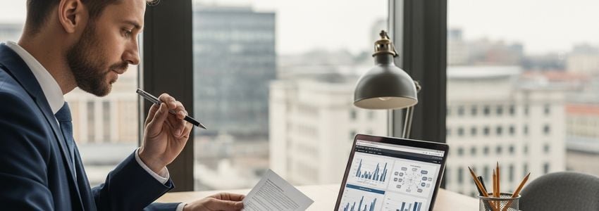 Business owner reviewing small business loan documents in Elgin Illinois office