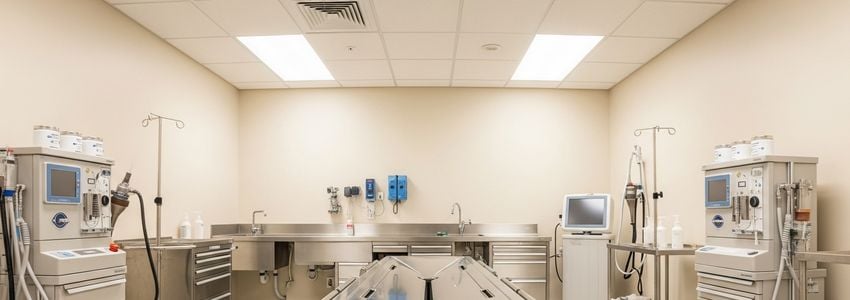 Professional embalming preparation room with stainless steel equipment in a funeral home