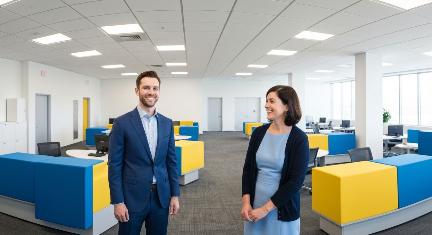 Small business owner and financial advisor reviewing emergency loan options at office desk