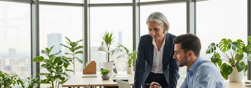 Business professional mentoring an employee during training funded by a business loan