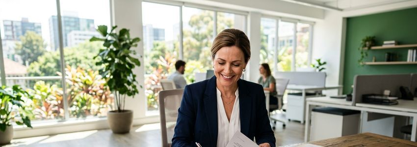 Employment agency owner reviewing staffing contracts and business documents at a professional office desk