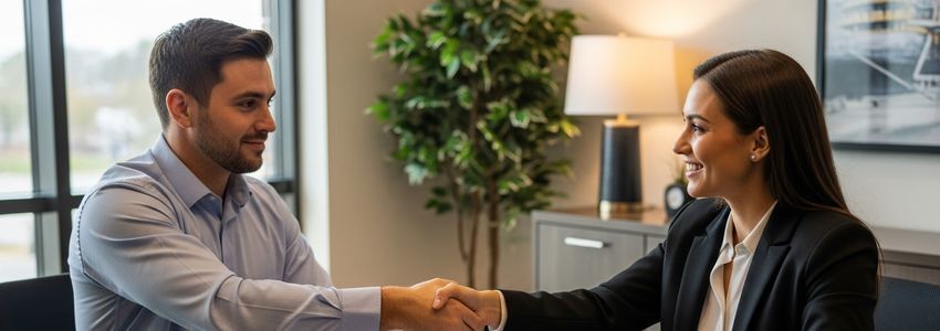 Business professionals reviewing equipment lease documents and discussing end-of-lease options at a modern office desk