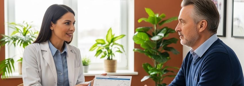 Endocrinologist consulting with patient about practice financing and medical equipment options