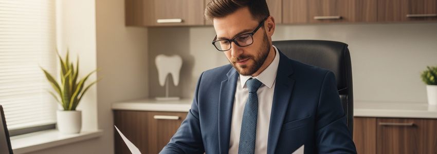 Endodontist practice owner reviewing financing documents in a dental office