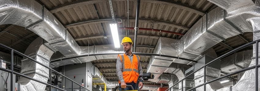 Certified energy auditor in hard hat and safety vest conducting a building energy audit inspection with thermal imaging equipment in a commercial facility