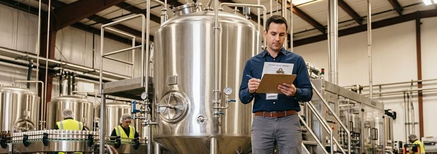 Beverage manufacturing facility owner reviewing equipment financing paperwork near a canning line