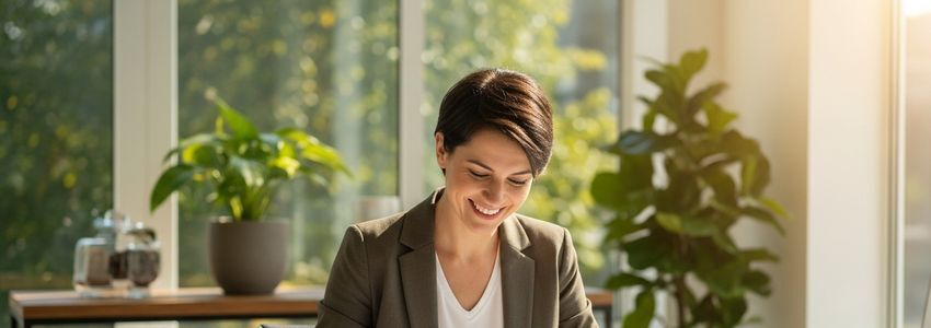 Energy efficiency company owner reviewing business loan options with a financial advisor in a professional office setting
