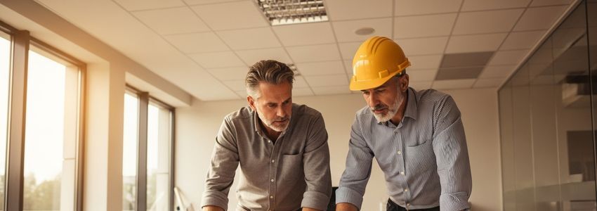 Two senior engineers reviewing technical blueprints at a modern engineering firm office with warm natural lighting