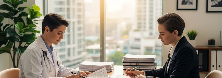 ENT physician and financial advisor reviewing practice loan documents in a modern medical office
