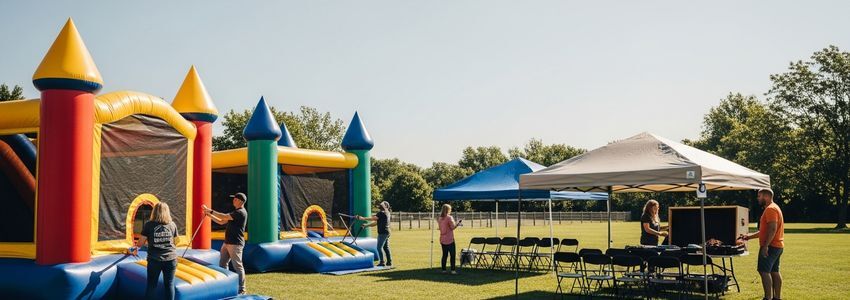 Party rental business owners reviewing financing options for their entertainment company