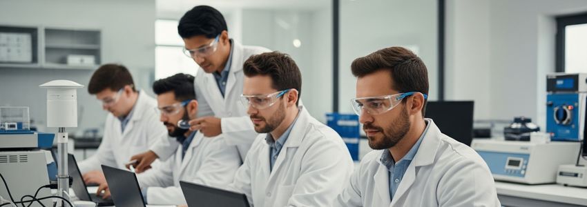 Environmental health scientists reviewing monitoring data in a professional laboratory