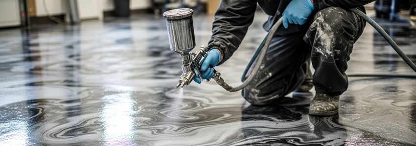Epoxy flooring contractor applying professional floor coating in commercial warehouse