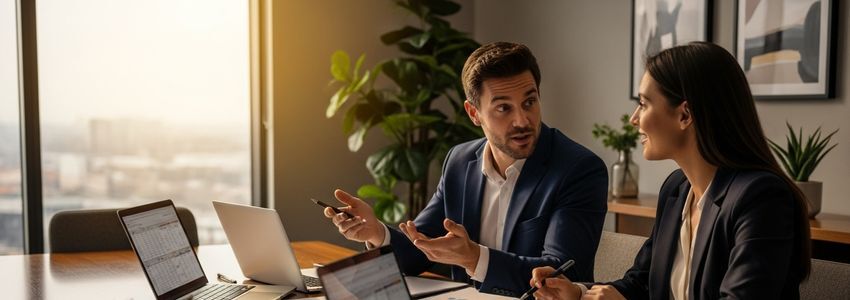 Two business professionals reviewing financial documents and discussing business credit reports in a modern office