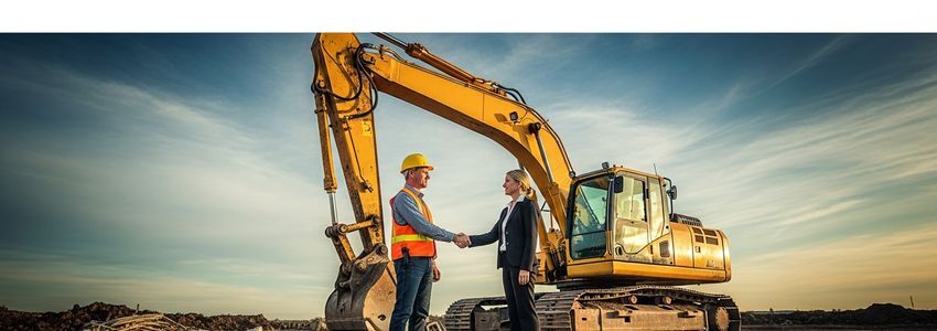 Business owner and contractor reviewing equipment financing agreement next to commercial excavator