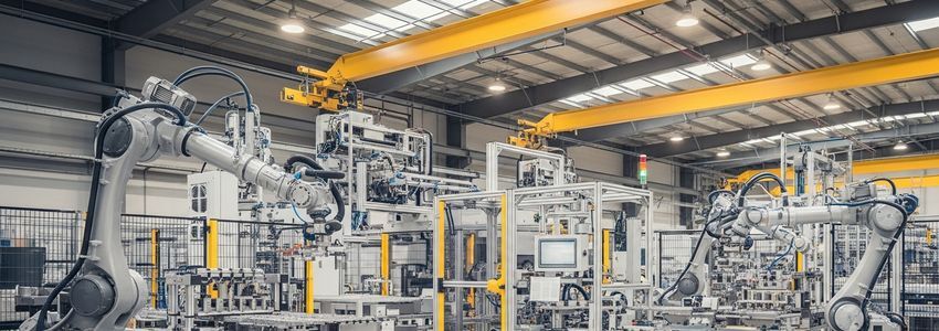 Business owner reviewing equipment financing options for automation project in modern manufacturing facility